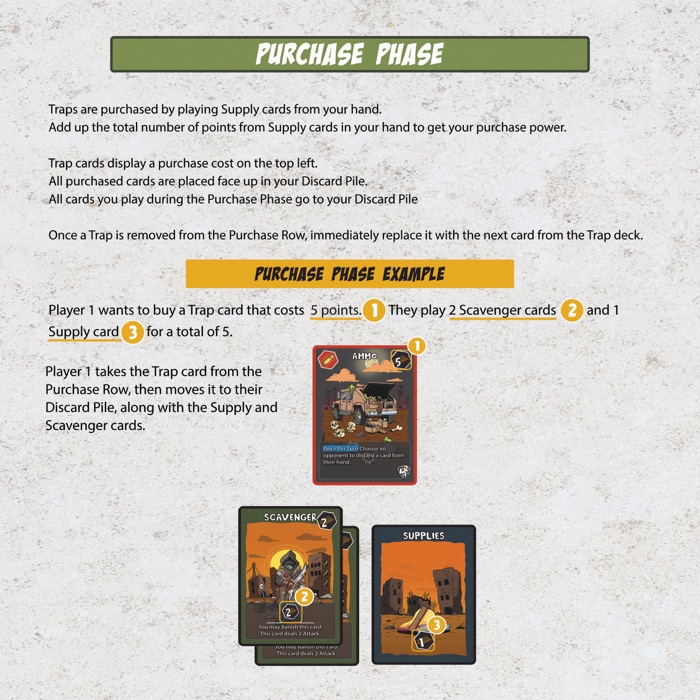 Purchase example: two Scavenger cards and one Supply card totalling 5 points buy a Trap costing 5