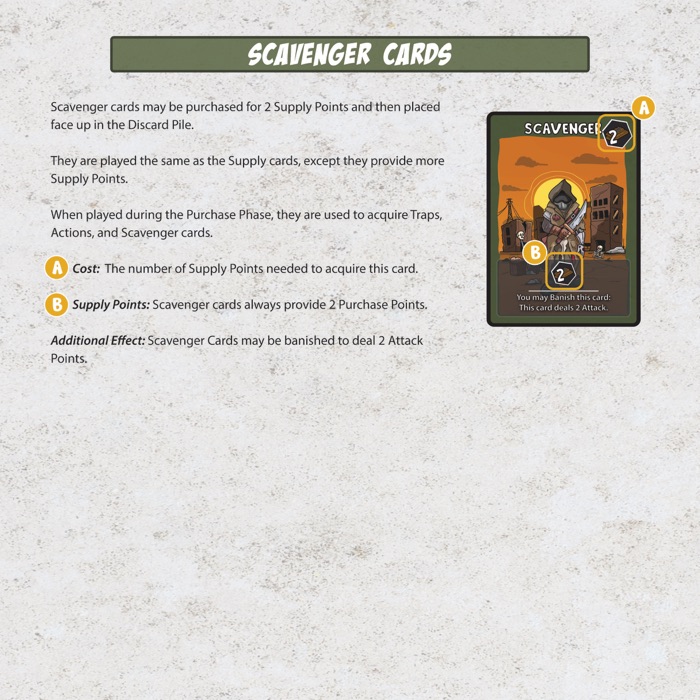 Scavenger card anatomy showing cost, supply points and the banish effect